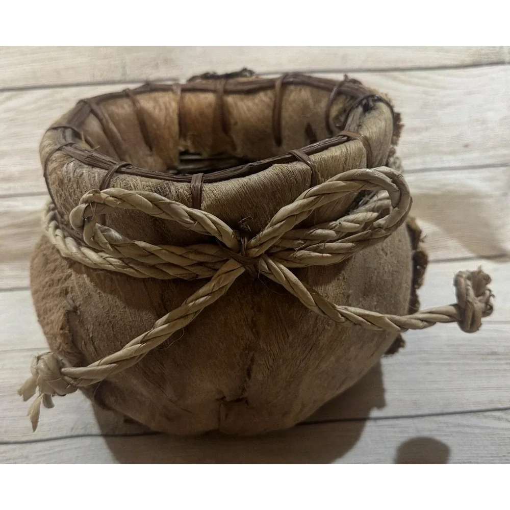 Vintage Handmade Native American Basket with Real Fur & Feathers Embellishments